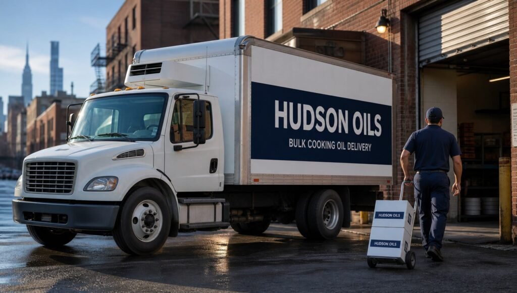 Hudson Oils delivery truck at a restaurant loading dock