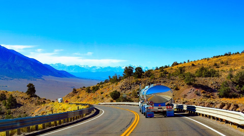 Stainless steel tanker truck on a US highway